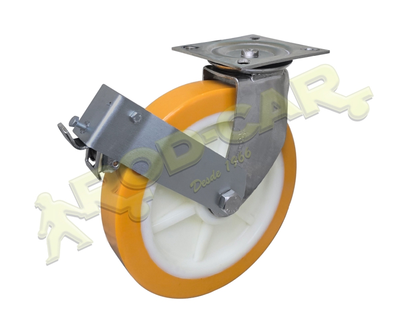 Rodízio Giratório GMRXOP 102 UNKM – Inox AISI 304 com Freio OP e Roda de Poliuretano